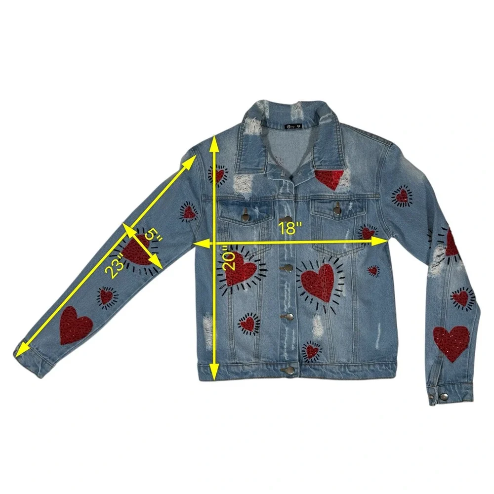 One-Of-A-Kind Distressed Denim Jacket Red Beaded Hearts Light Wash - Picture 5 of 6